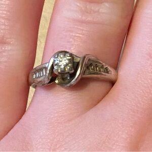 90s 925 All Diamond Ring Sz 8 Sterling Silver Round Baguette VTG Wedding Jewelry